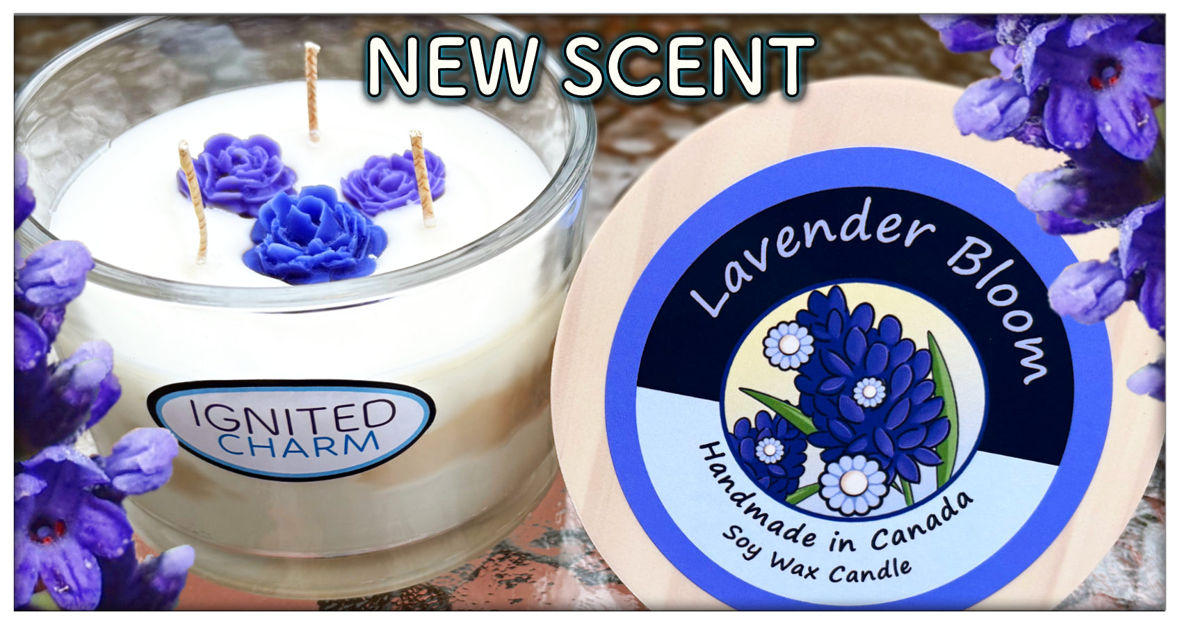 Lavender Bloom candle with 'New Scent' text