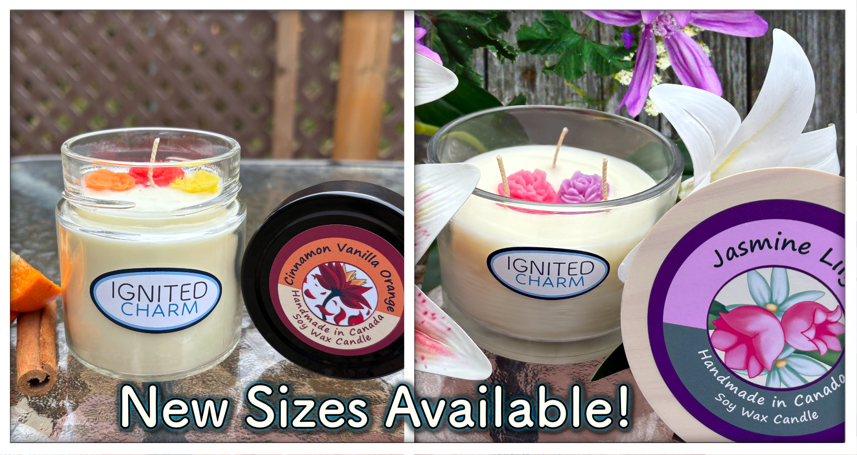 Two candles with labels and a jar of candle wax, with text 'New Sizes Available!' and 'Ignited Charm' branding.
